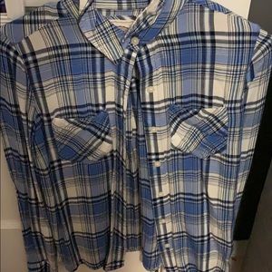 Plaid blue, white, dark blue, and black button-up.